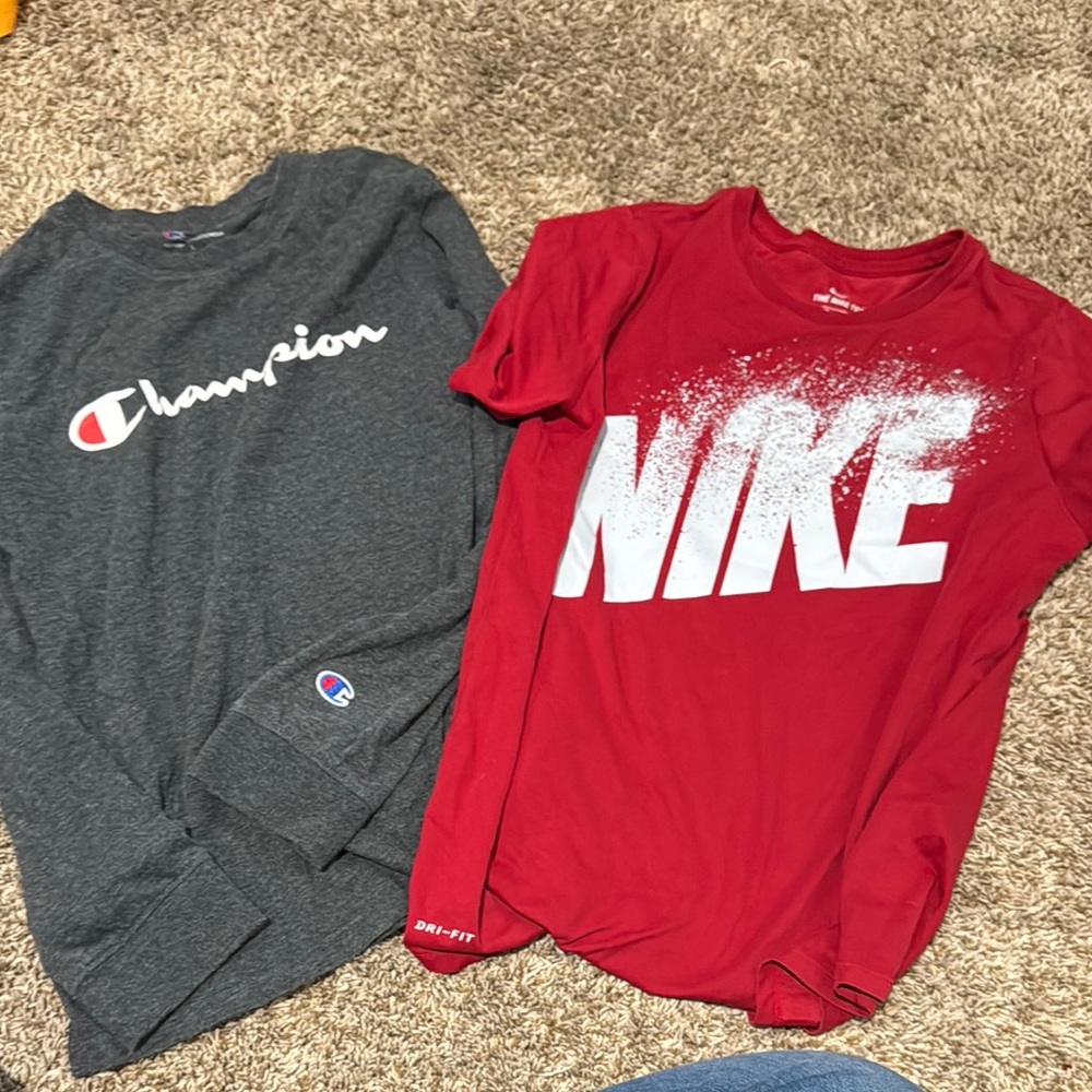 Champion Gray  Kids Long Sleeve Shirt and red Nike short sleeve shirt size kid L